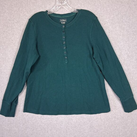 L.L. Bean Womens XL Waffle Knit Henley Top Shirt Green Layering Basic Stretch - Picture 2 of 10